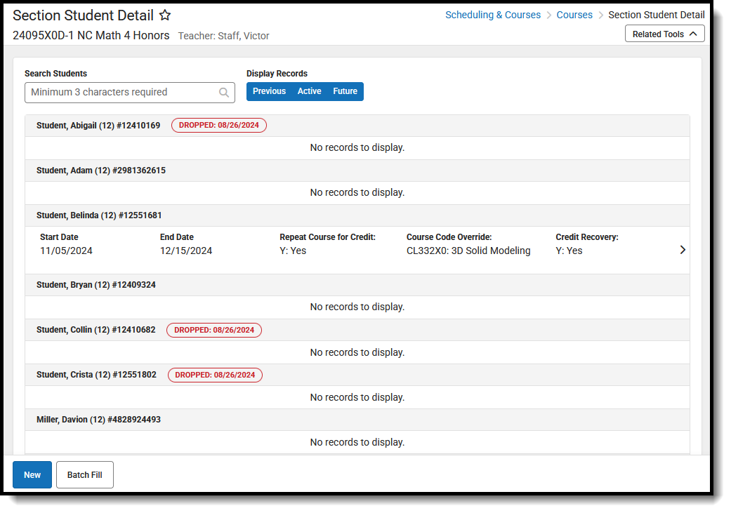 Screenshot of the Section Student Detail editor, located at Scheduling & Courses, Courses.