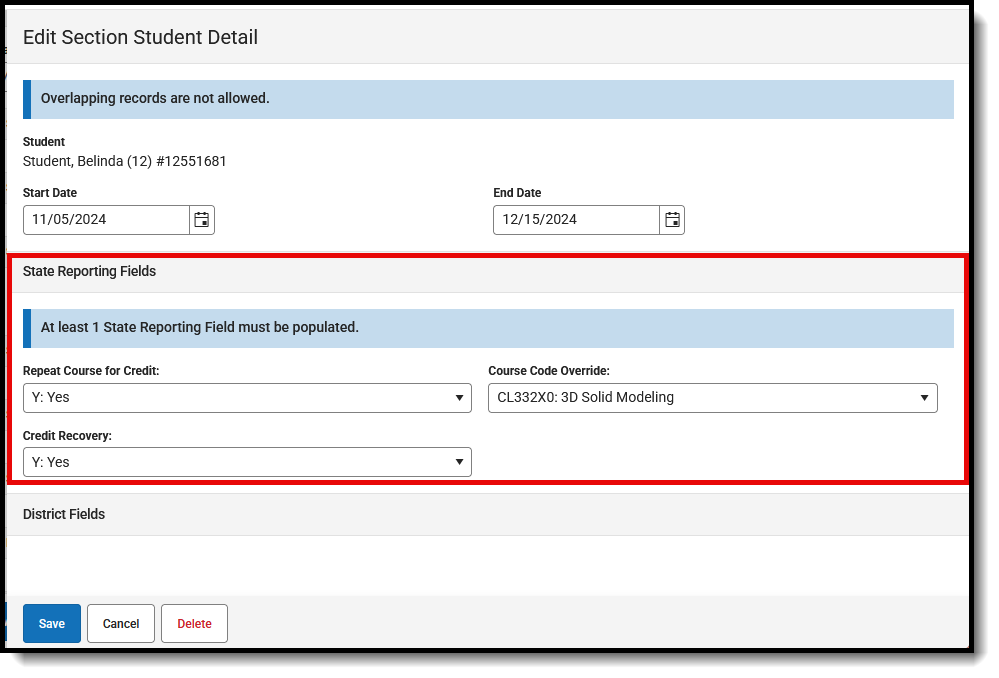Screenshot of the Section Student Detail Fields specific to North Carolina. 