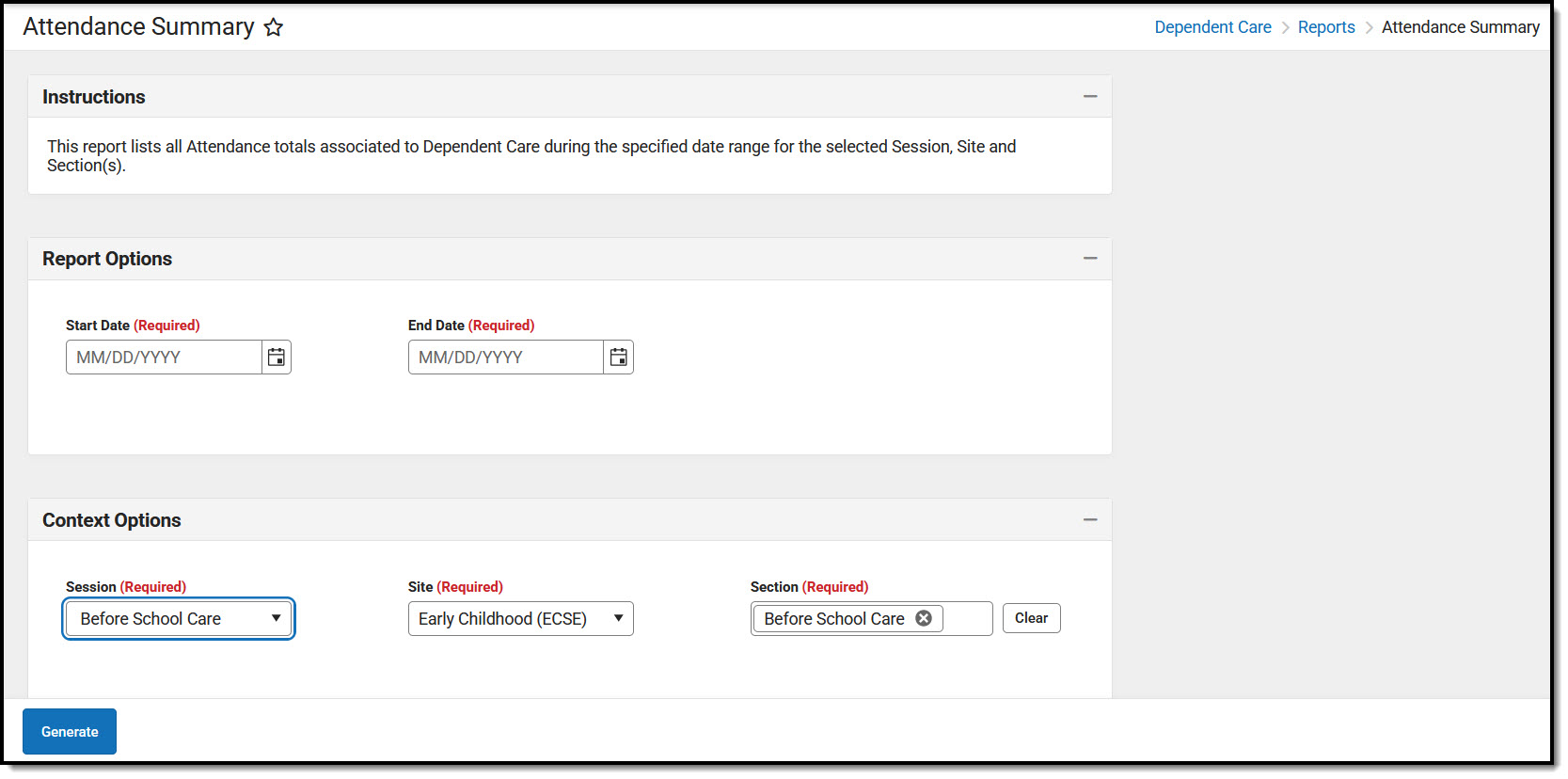 Screenshot of the Dependent Care Attendance Summary Extract Editor