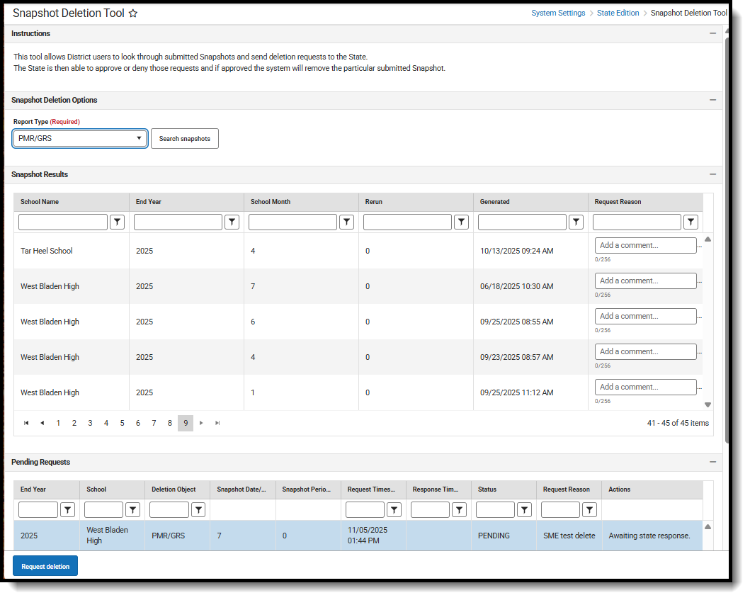Screenshot of the Snapshot Deletion Tool for District Edition, located at System Settings, State Edition