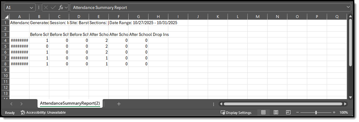 Screenshot of the Dependent Care CSV Attendance Summary Report
