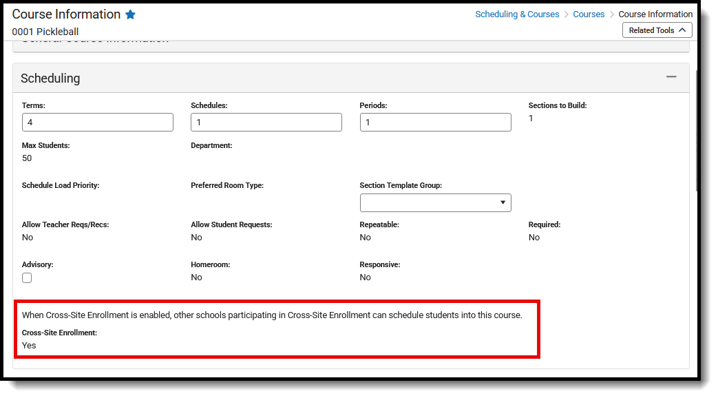 Screenshot of the Course Information editor with Cross-Site Enrollment section highlighted. 