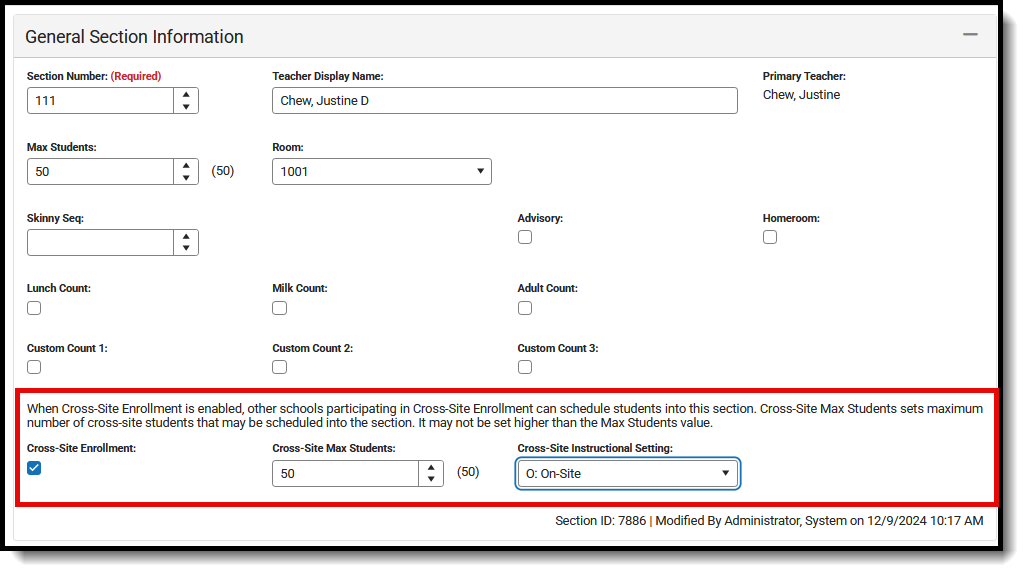 Screenshot of the Cross Site Enrollment section on the Course Section editor. 