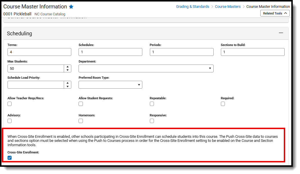 Screenshot of the Cross-Site Enrollment section on the Course Master Information editor. 