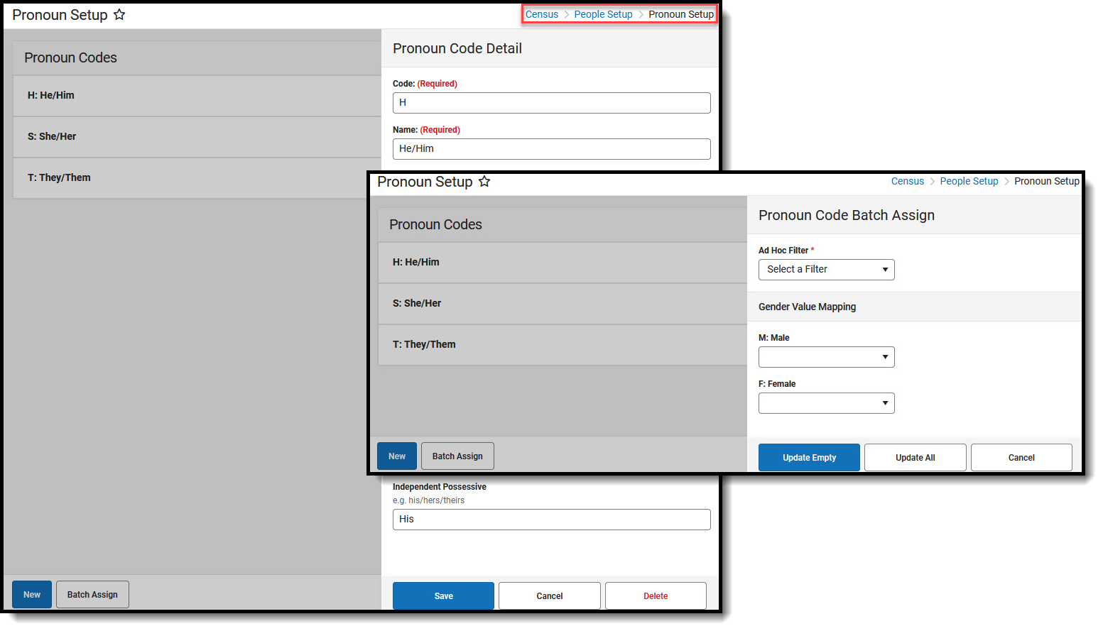 Screenshot of the Prooun Setup tool, located at Census, People Setup. 