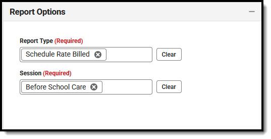 Screenshot of the Program Financial Activity Schedule Rate Billed Report Options
