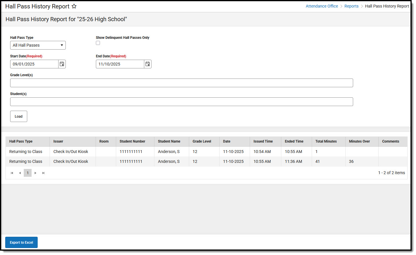 Screenshot of the Attendance Office Hall Pass History Report Editor