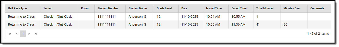 Screenshot of the Attendance Office Hall Pass History Report