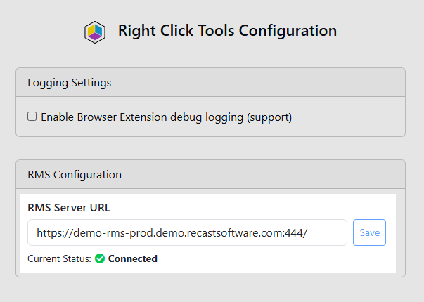 Recast Management Server URL field and Connected status