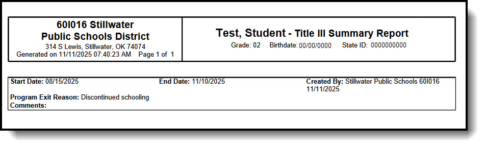 Screenshot of the Print Summary report.
