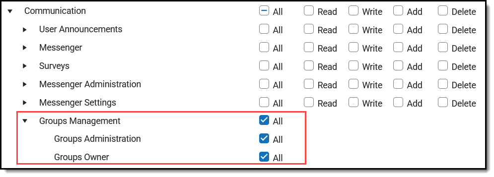 Screenshot highlighting the Groups Management toolrights. 
