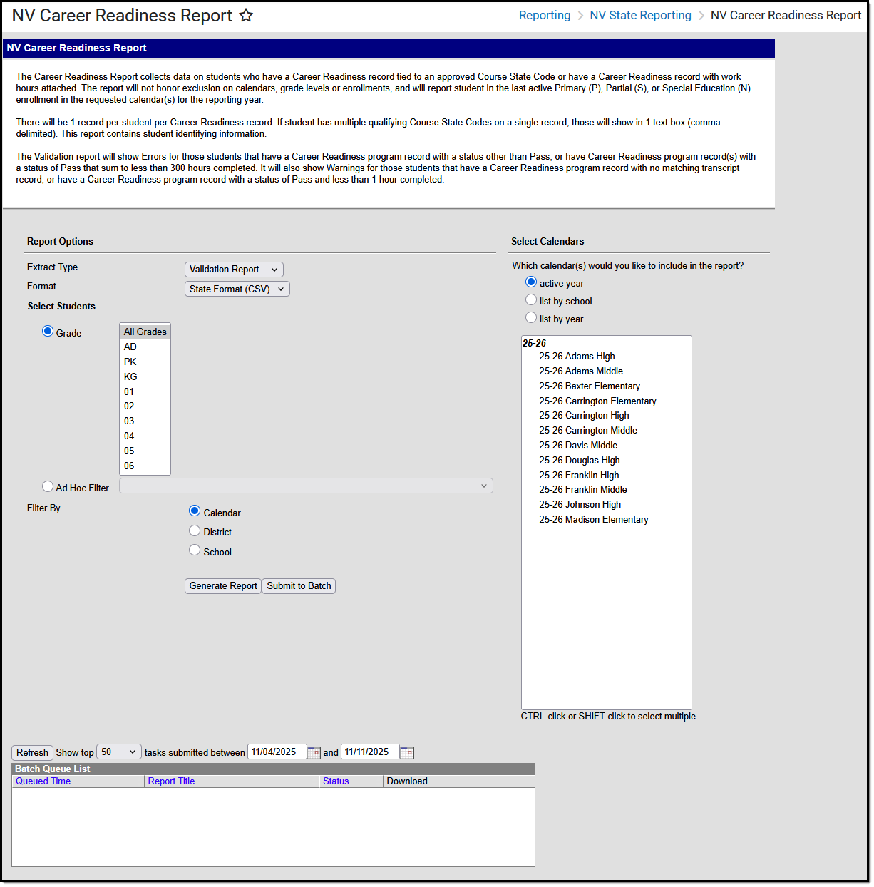 Screenshot of the career readiness report editor.