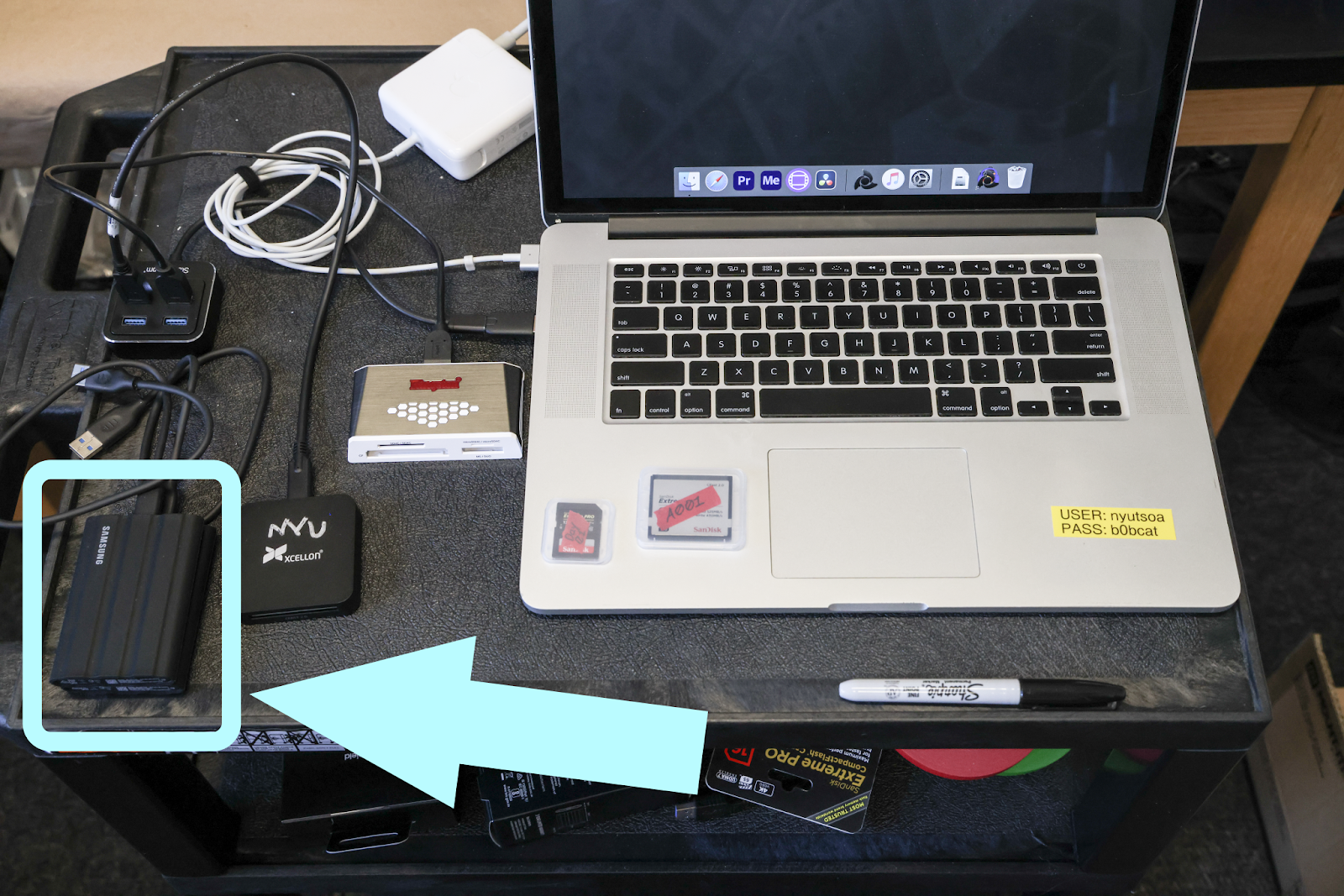 Data wrangling cart highlighting the location of the solid state drives (SSD).