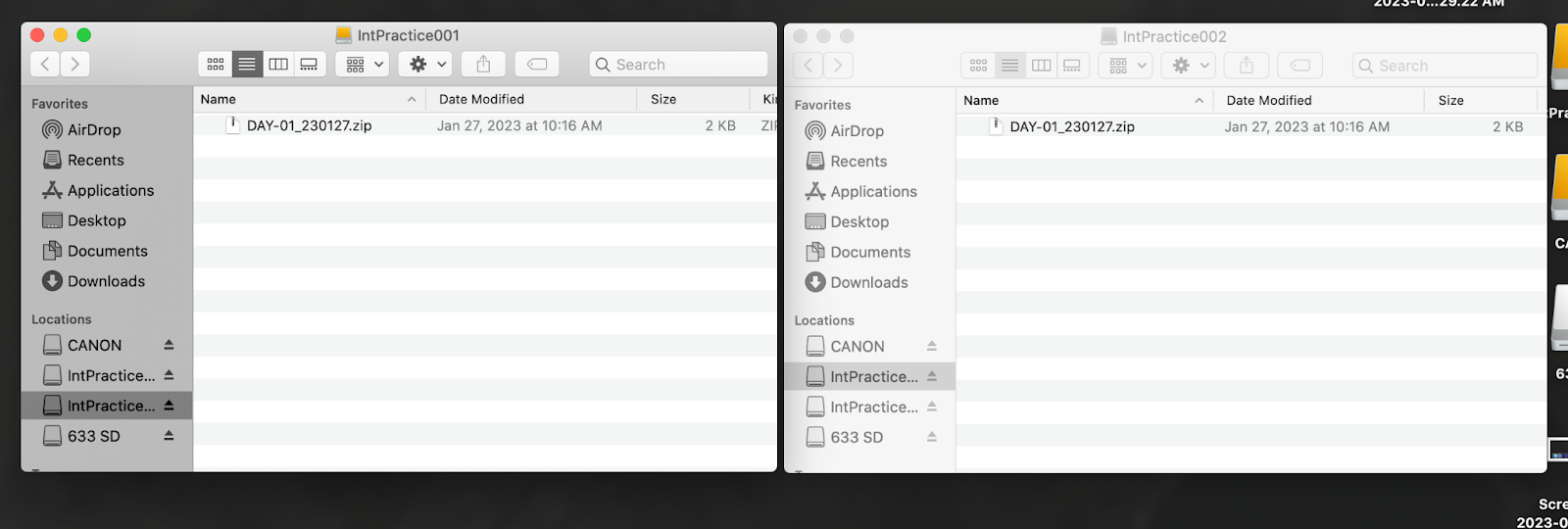Finder windows of the IntPractice001 and IntPractice002 drives side by side on a desktop.