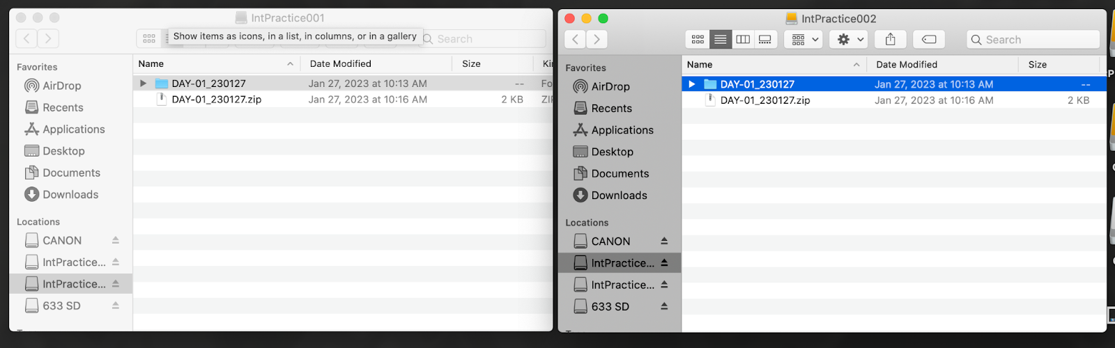 DAY-01_230127 folder extracted from the zip file in both the finder windows.