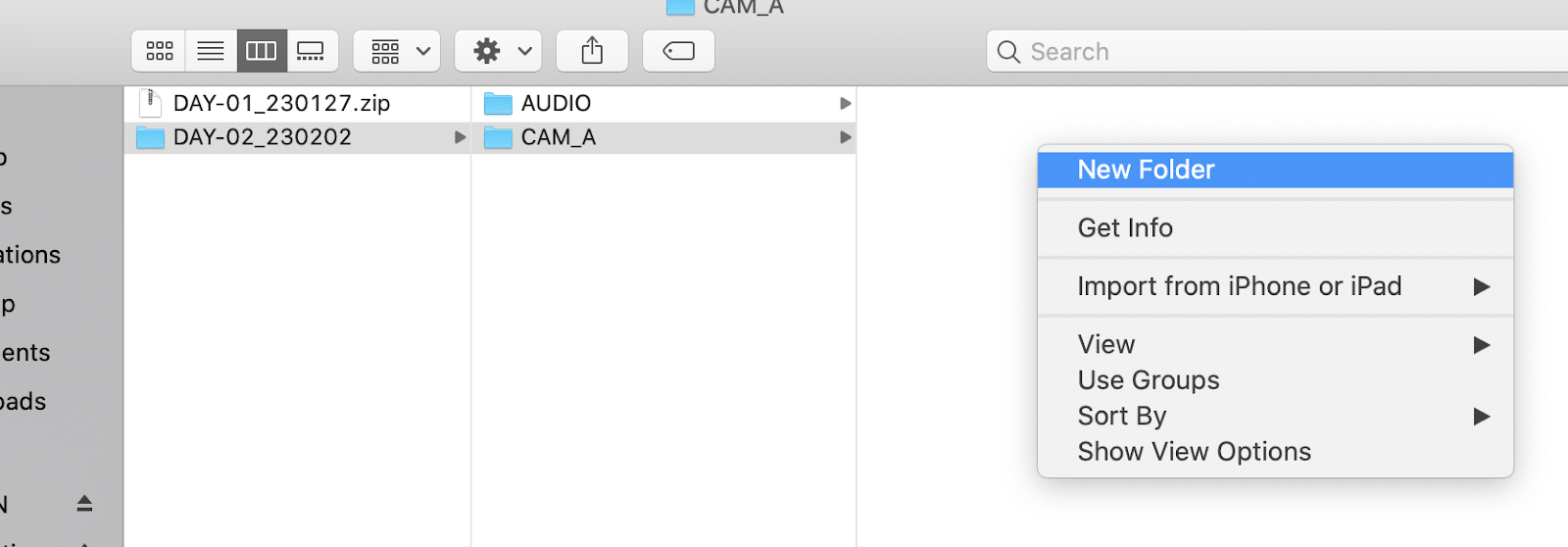 Selecting "New Folder" from the right click menu inside the CAM_A folder from the DAY-02_230202 folder.