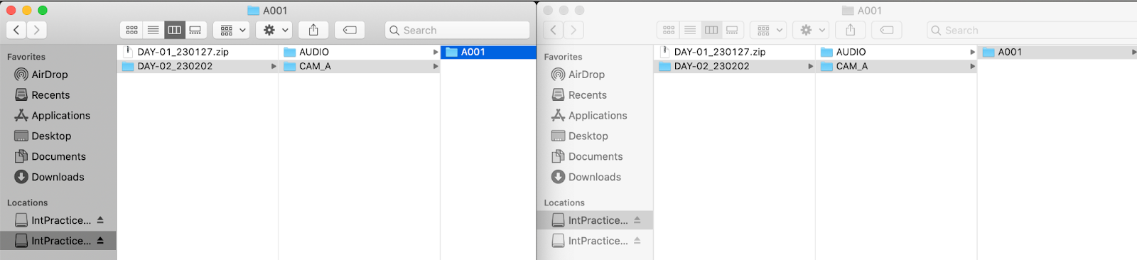 IntPractice001 and IntPractice002 finder windows side by side with the same folder structure.