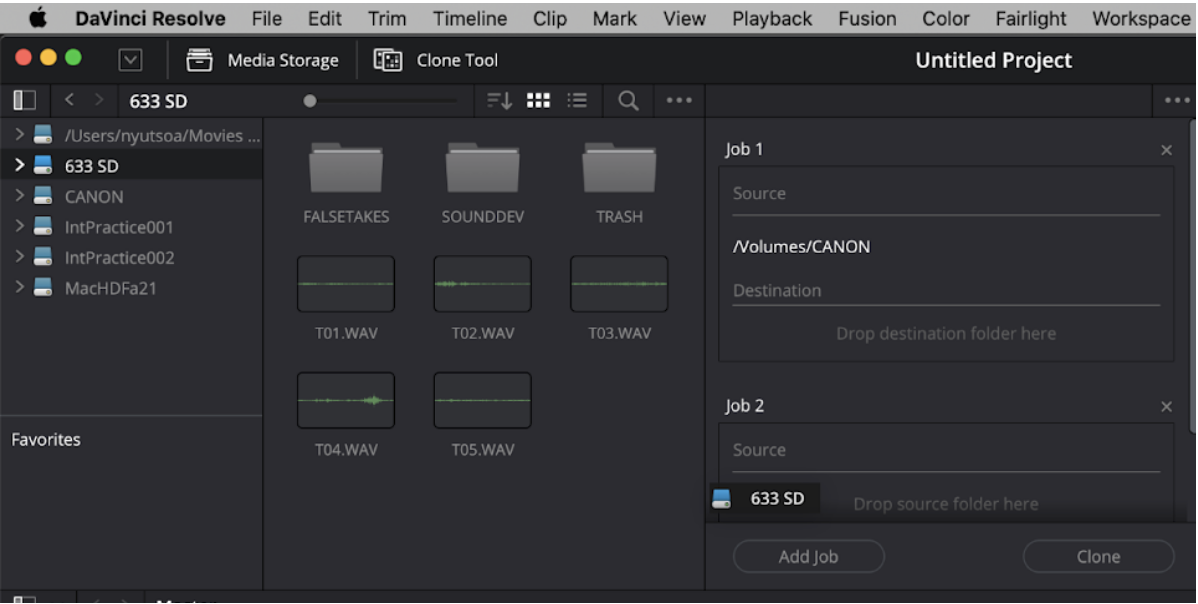 "633 SD" volume being dragged from the left side of the interface to the Source section of Clone Job 2.