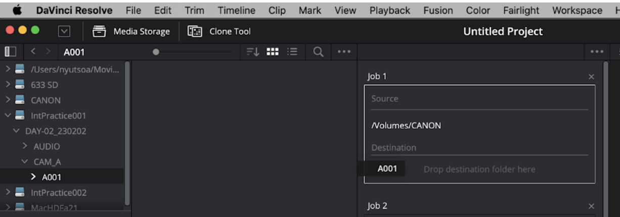 "A001" folder from the "IntPractice001" drive being dragged from the left side of the interface to the Destination section of Clone Job 1.