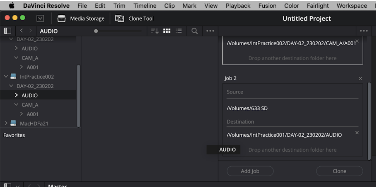 "AUDIO" folder from the "IntPractice002" drive being dragged from the left side of the interface to the Destination section of Clone Job 2.