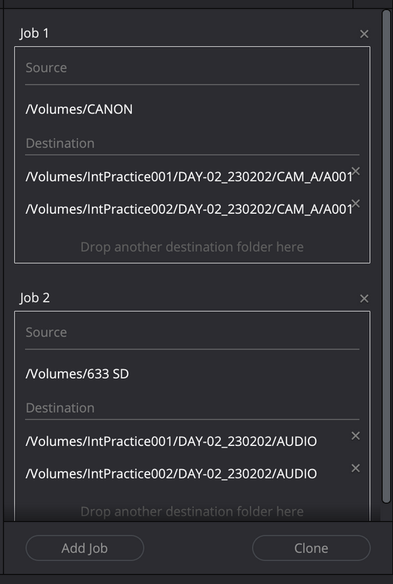 Job 1 and Job 2 both selected and outlined in white in Clone Job window.