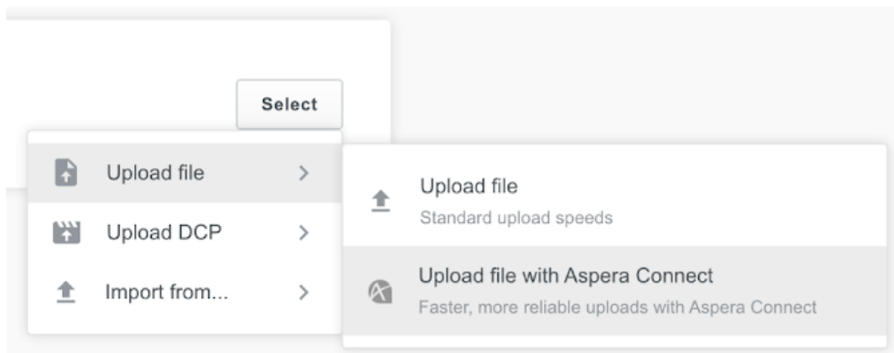 The CineSend Requests Upload page, showing the Upload file with Aspera Connect option.