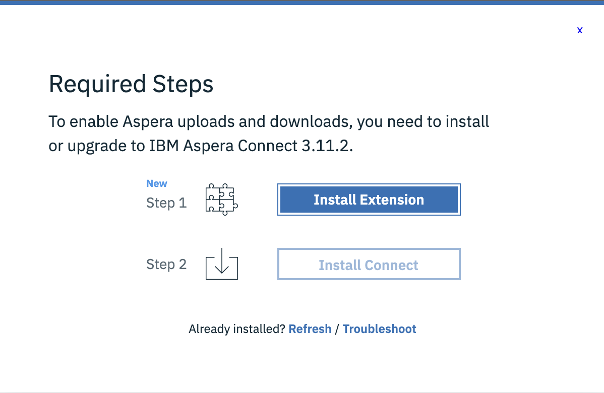 The Aspera Connect pop-up window showing a prompt for installation. 