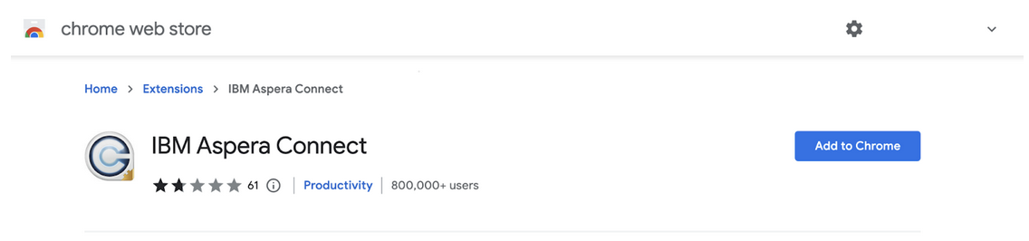 The Chrome Web Store page, showing the IBM Aspera Connect installation.