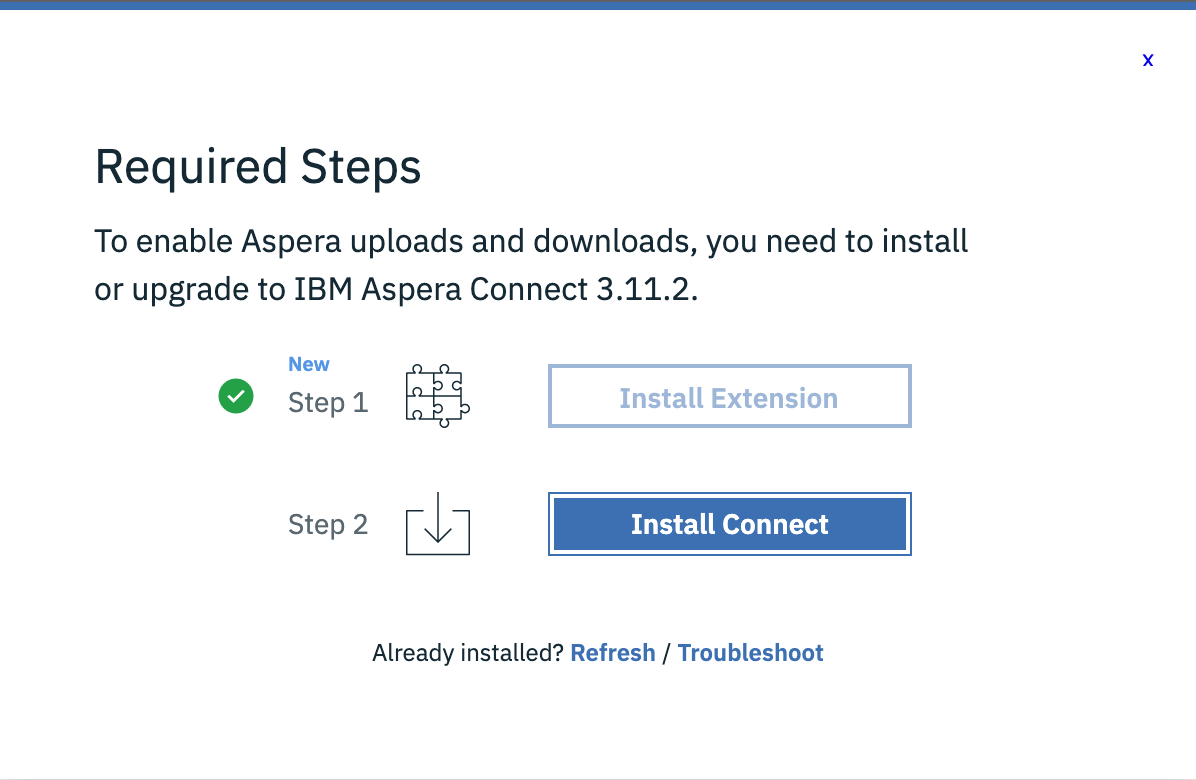The Required Steps pop-up window showing a checkmark next to Step One and prompting Connect Installation.