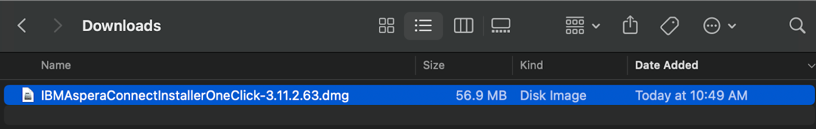The Downloads window showing the downloaded dmg.
