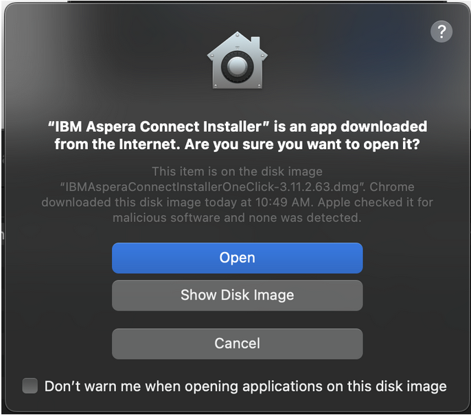 The device permission prompt window, showing the open button.