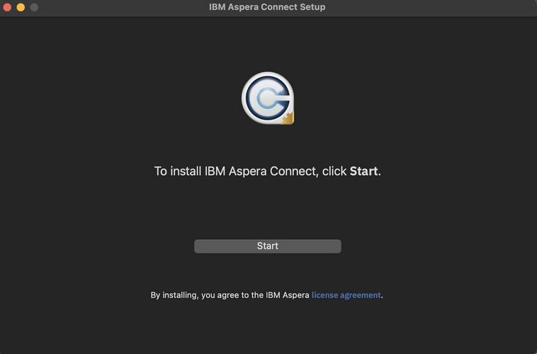 The IBM Aspera Connect setup window showing the start button.