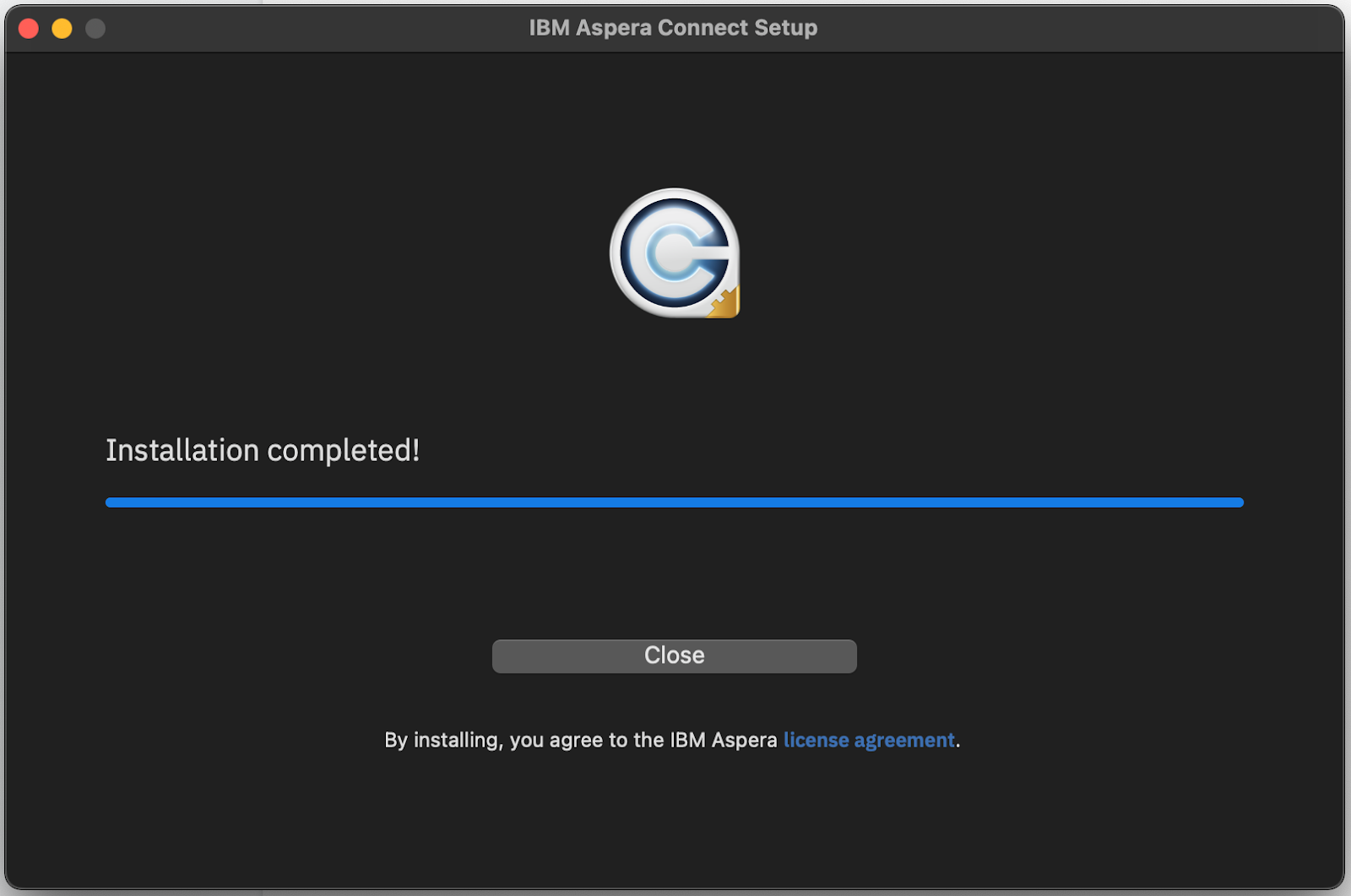 The IBM Aspera Connect Setup Window showing the competed installation.