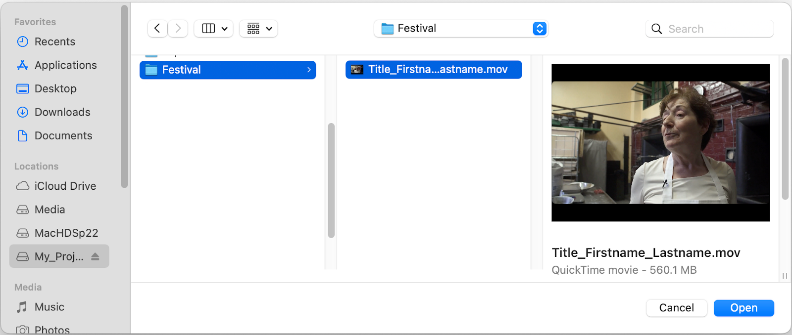 The pop-up finder window with the file highlighted and showing the open button in the bottom right corner of the window.