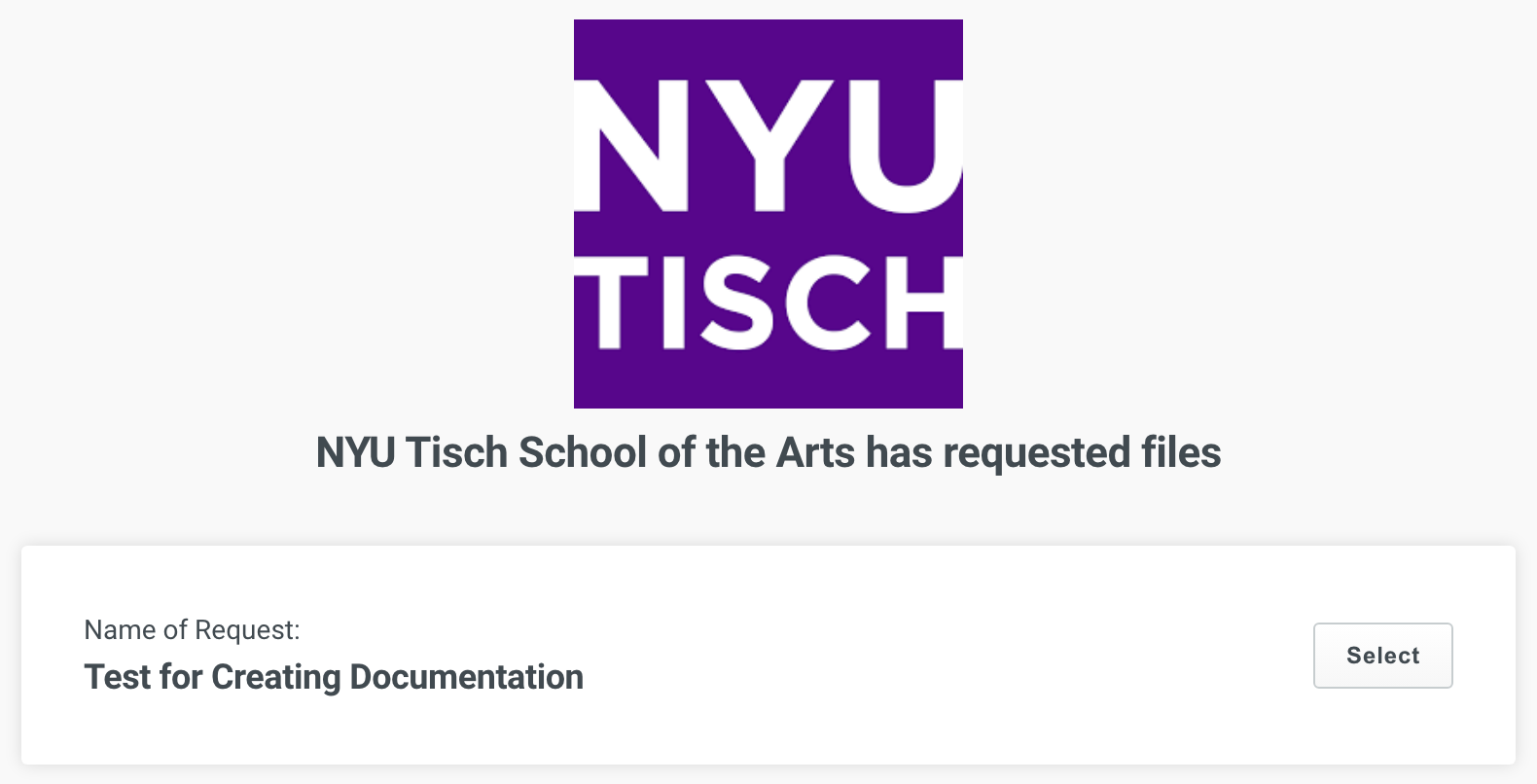 The CineSend Requests Upload page, showing the select button.