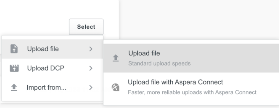 The CineSend Requests Upload page, showing the Upload file option.