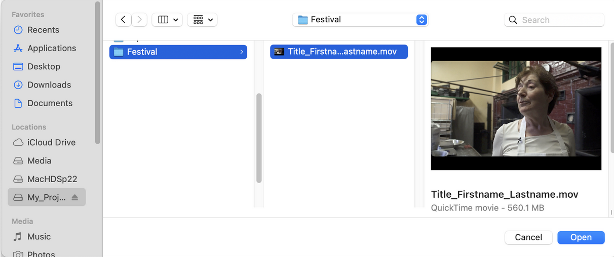 The pop-up finder window with the file highlighted and showing the open button in the bottom right corner of the window.
