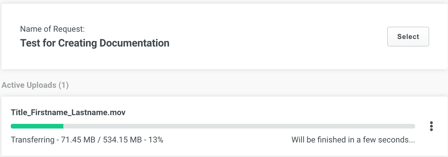 The CineSend Requests Upload page, showing the upload progress in the Active Uploads bar.