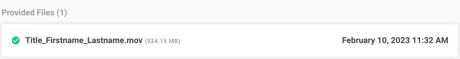 The CineSend Requests Upload page, showing the file name with a checkmark in the Active Uploads bar.