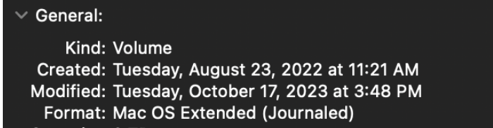 Info Window of the external drive.