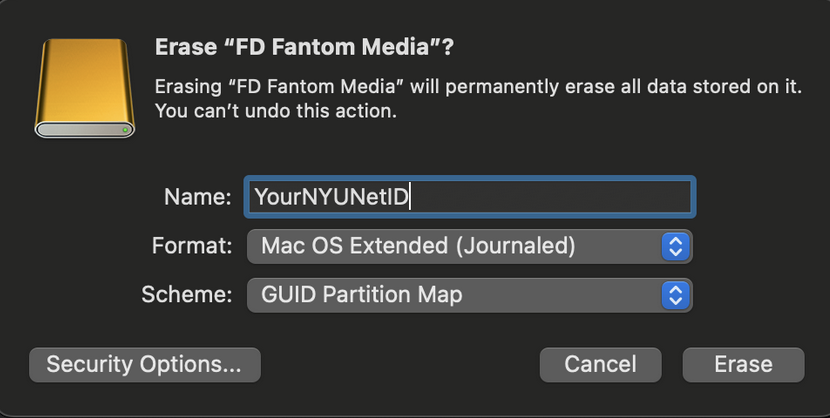 The Erase popup window in Disk Utility