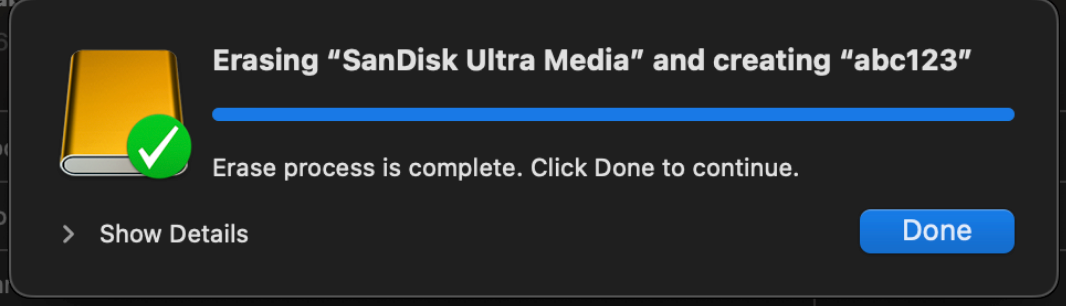 The erase process is complete popup window