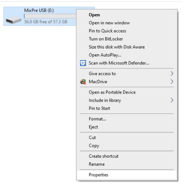 Properties selected in the drop down menu of the external drive.
