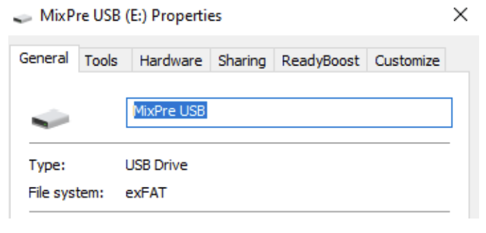 The general tab of the properties window, showing the drive's file system (in this case, exFAT)