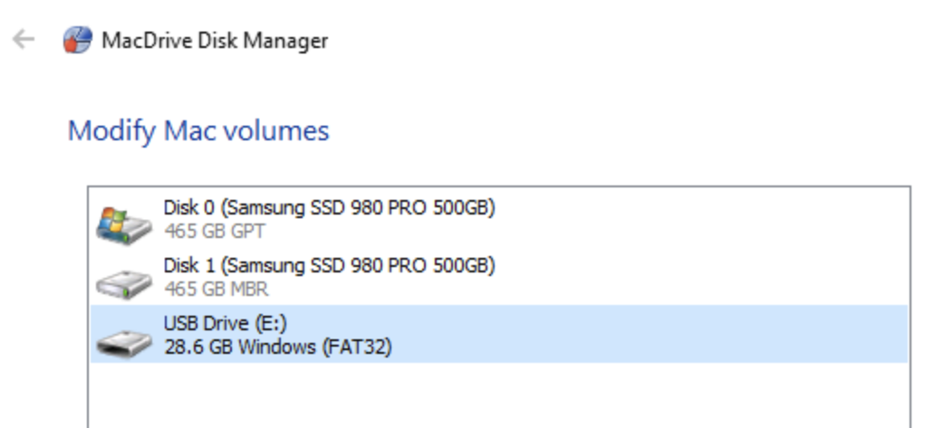 The Modify Mac volumes list in the MacDrive Disk Manager