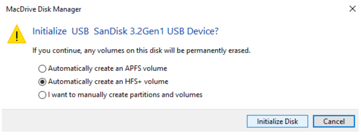The initialize disk window in the MacDrive disk manager