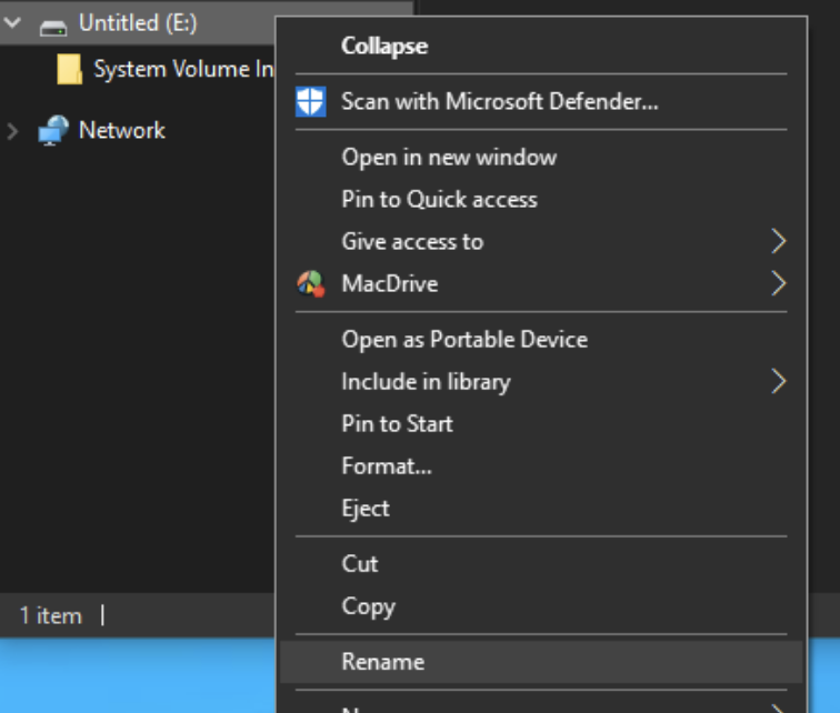 The rename option in Windows File Explorer