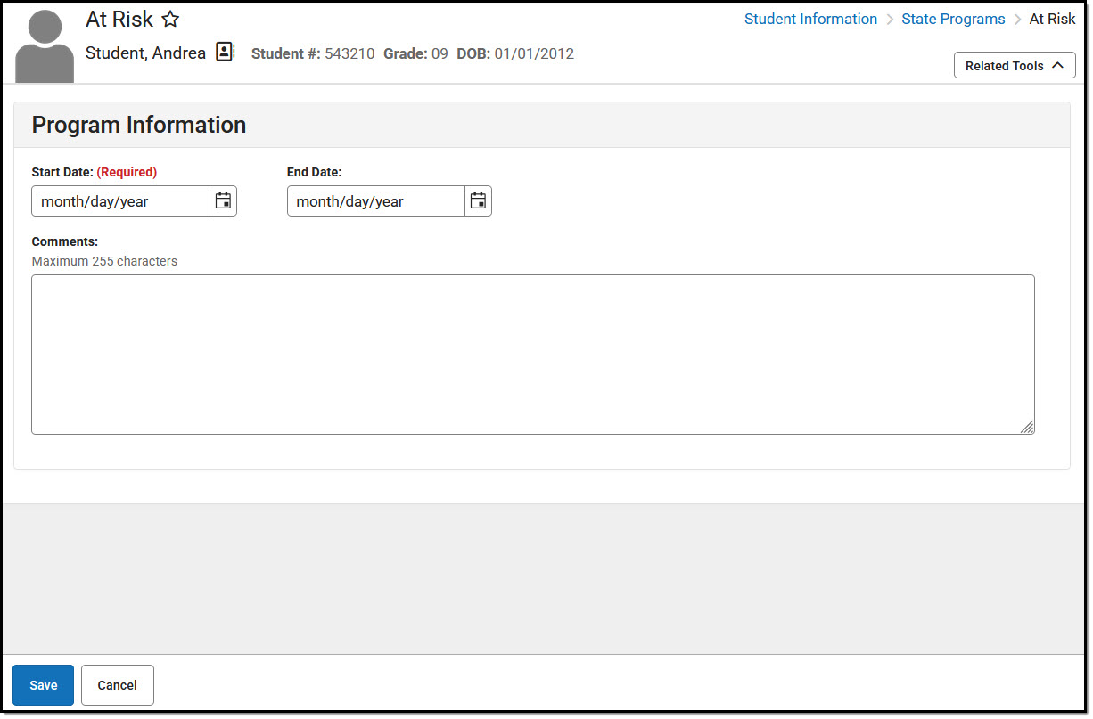 Screenshot of the At Risk Program Editor, located at Student Information, State Programs.