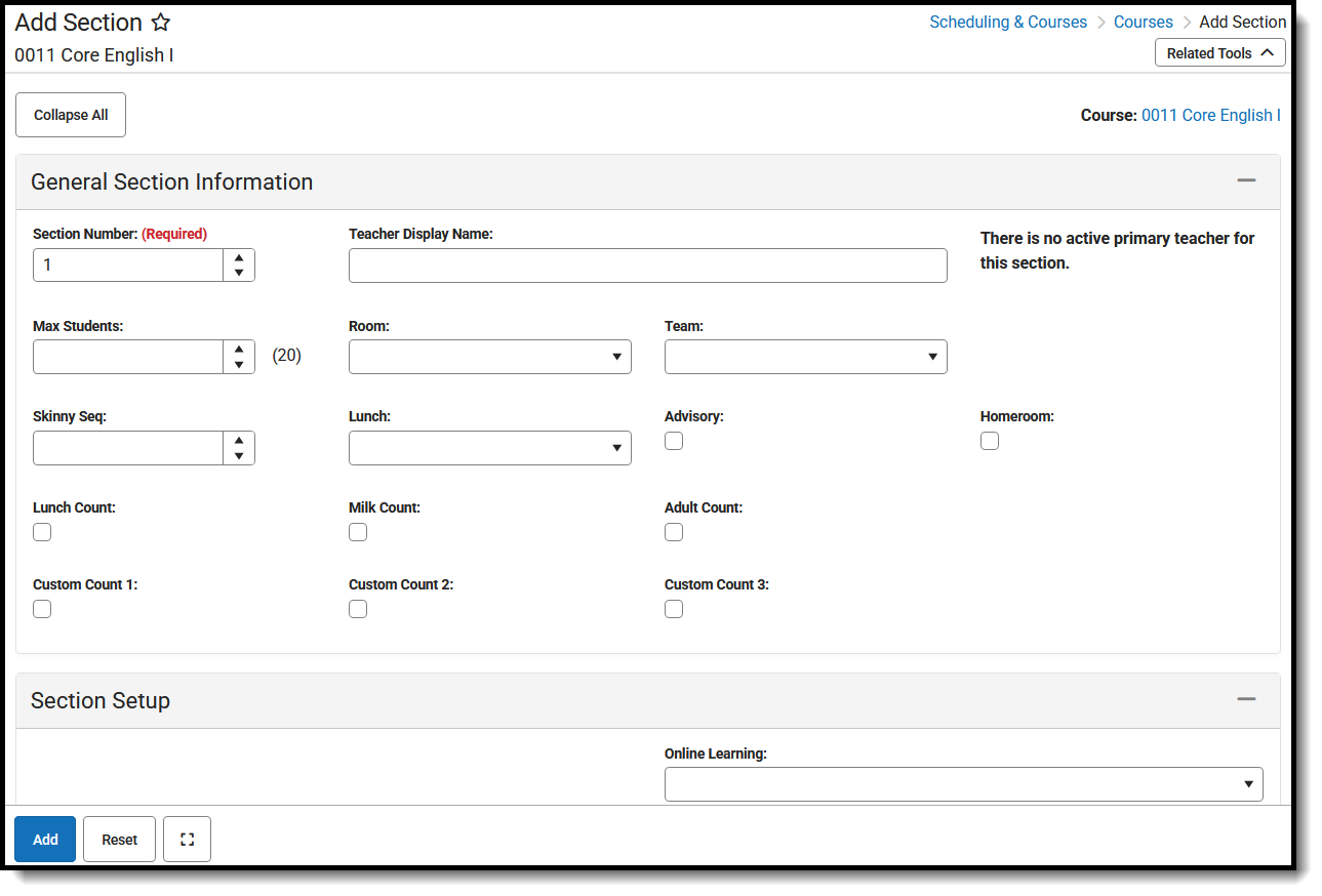 Screenshot of the Add Section tool, located at Scheduling & Courses, Courses. 