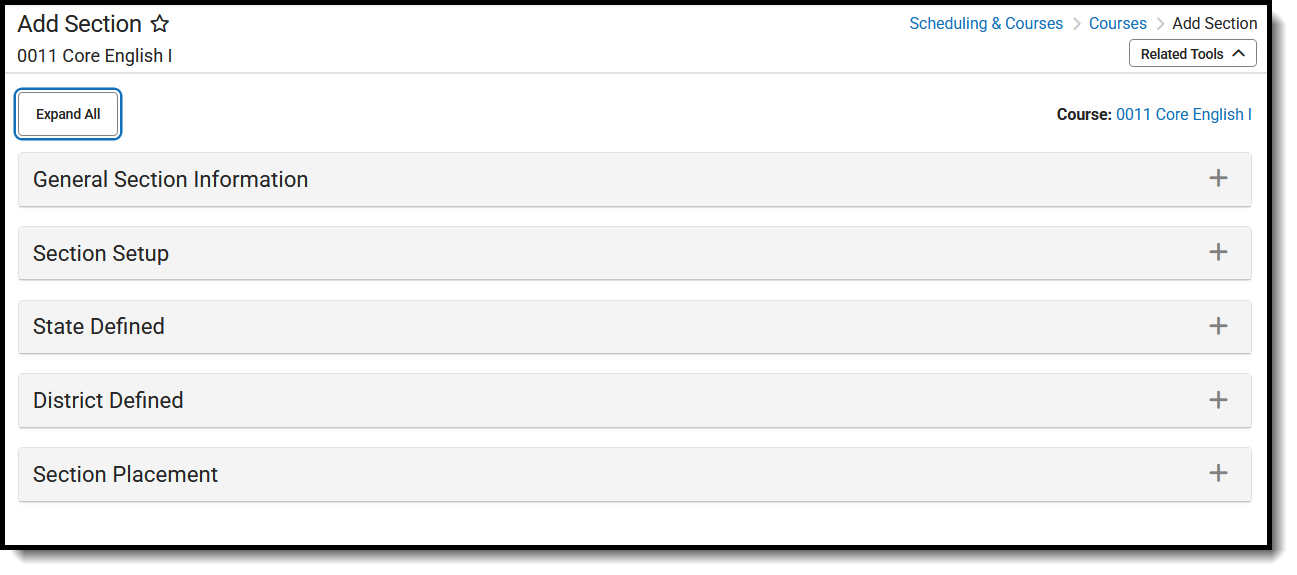 Screenshot of the Add Section tool with all cards collapsed.